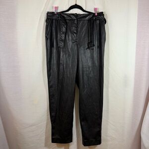 Nine West Womens Faux Leather Slim Ankle Belted Pants Gathered Waist Black Sz Lg